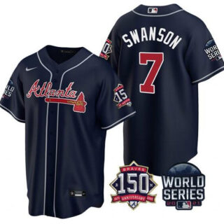 Men's Atlanta Braves #7 Dansby Swanson 2021 Navy World Series With 150th Anniversary Patch Cool Base Stitched Jersey