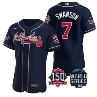 Men's Atlanta Braves #7 Dansby Swanson 2021 Navy World Series With 150th Anniversary Patch Stitched Baseball Jersey