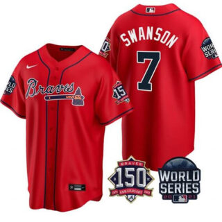 Men's Atlanta Braves #7 Dansby Swanson 2021 Red World Series With 150th Anniversary Patch Cool Base Stitched Jersey