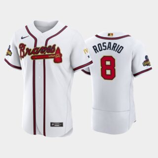Men's Atlanta Braves #8 Eddie Rosario 2022 White Gold World Series Champions Program Flex Base Stitched Baseball Jersey