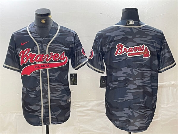 Men's Atlanta Braves Gray Camo Team Big Logo Cool Base With Patch Stitched Baseball Jerseys