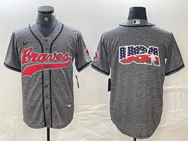 Men's Atlanta Braves Gray Team Big Logo Cool Base With Patch Stitched Baseball Jerseys
