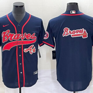 Men's Atlanta Braves Navy Team Big Logo Cool Base With Patch Stitched Baseball Jersey