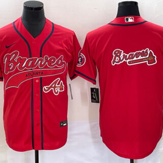 Men's Atlanta Braves Red Team Big Logo Cool Base With Patch Stitched Baseball Jersey