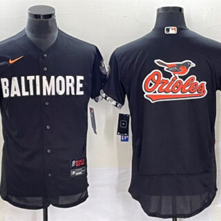 Men's Baltimore Orioles Big Team Logo In Back Black 2023 City Connect Flex Base Stitched Baseball Jersey