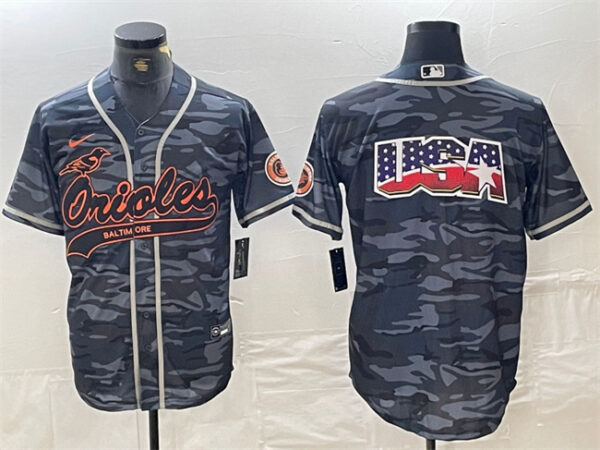 Men's Baltimore Orioles Gray Camo Team Big Logo Cool Base Stitched Jerseys