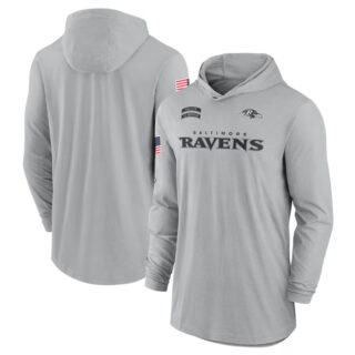 Men's Baltimore Ravens 2024 Gray Salute To Service Lightweight Performance Long Sleeve Hooded T-Shirt