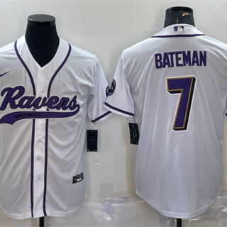Men's Baltimore Ravens #7 Rashod Bateman White With Patch Cool Base Stitched Baseball Jersey
