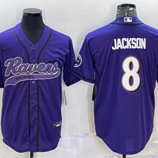 Men's Baltimore Ravens #8 Lamar Jackson Purple With Patch Cool Base Stitched Baseball Jersey