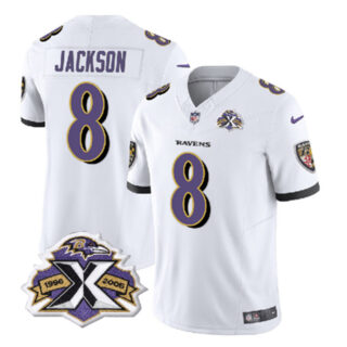 Men's Baltimore Ravens #8 Lamar Jackson White 2023 F.U.S.E With Patch Throwback Vapor Limited Jersey