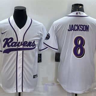 Men's Baltimore Ravens #8 Lamar Jackson White With Patch Cool Base Stitched Baseball Jersey