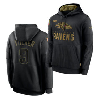Men's Baltimore Ravens #9 Justin Tucker 2020 Salute To Service Black Sideline Performance Pullover Hoodie
