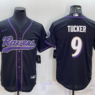 Men's Baltimore Ravens #9 Justin Tucker Black With Patch Cool Base Stitched Baseball Jersey