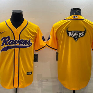Men's Baltimore Ravens Yellow Team Big Logo With Patch Cool Base Stitched Baseball Jersey