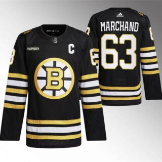 Men's Boston Bruins #63 Brad Marchand Black With Rapid7 Patch 100th Anniversary Stitched Jersey