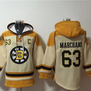 Men's Boston Bruins #63 Brad Marchand Cream Ageless Must-Have Lace-Up Pullover Hoodie