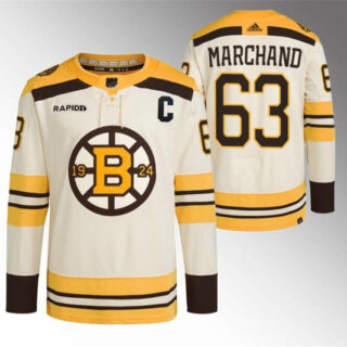 Men's Boston Bruins #63 Brad Marchand Cream With Rapid7 Patch 100th Anniversary Stitched Jersey