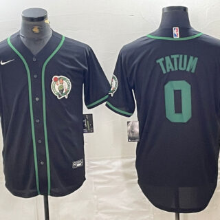Men's Boston Celtics #0 Jayson Tatum Black With Patch Cool Base Stitched Baseball Jersey