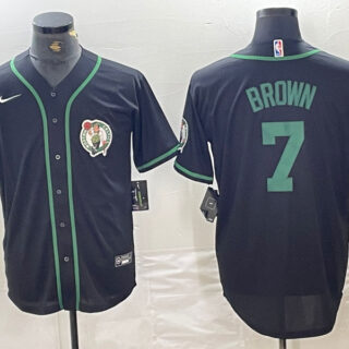 Men's Boston Celtics #7 Jaylen Brown Black With Patch Cool Base Stitched Baseball Jersey