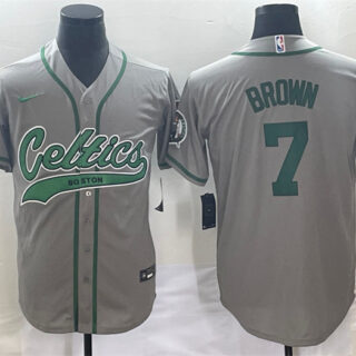 Men's Boston Celtics #7 Jaylen Brown Gray Stitched Baseball Jersey
