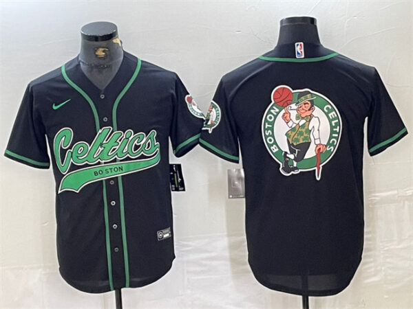 Men's Boston Celtics Black Team Big Logo With Patch Stitched Baseball Jersey