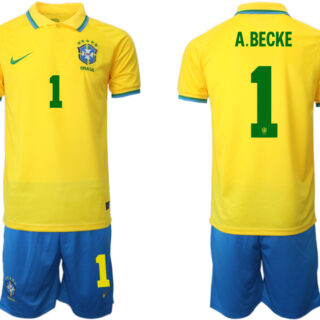 Men's Brazil #1 A. Becke Yellow Home Soccer Jersey Suit
