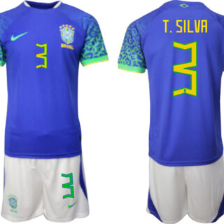 Men's Brazil #3 T. Silva Blue 2022 FIFA World Cup Away Soccer Jersey Suit