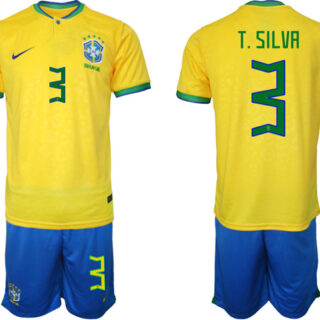 Men's Brazil #3 T. Silva Yellow 2022 FIFA World Cup HomeSoccer Jersey Suit