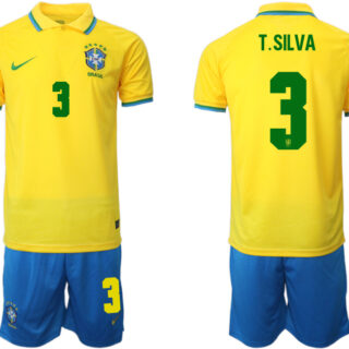 Men's Brazil #3 T. Silva Yellow Home Soccer Jersey Suit