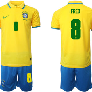 Men's Brazil #8 Fred Yellow Home Soccer Jersey Suit