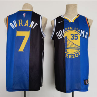 Men's Brooklyn Nets Thunder Warriors #7 Kevin Durant White Blue Black Splite Throwback Basketball Jersey