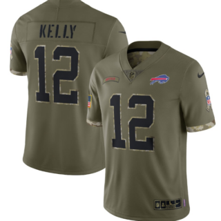 Men's Buffalo Bills #12 Jim Kelly Olive 2022 Salute To Service Limited Stitched Jersey