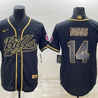 Men's Buffalo Bills #14 Stefon Diggs Black Gold With Patch Cool Base Stitched Baseball Jersey