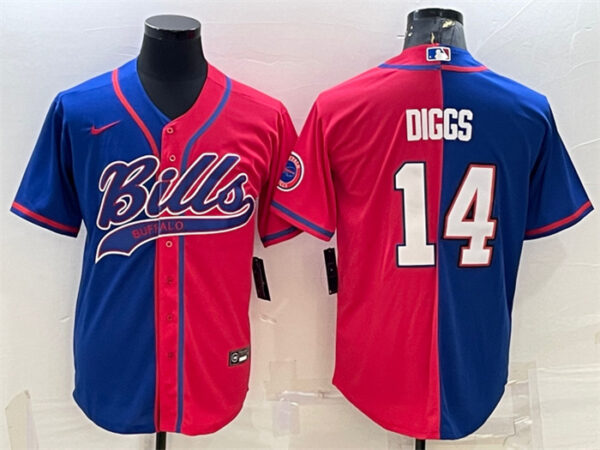 Men's Buffalo Bills #14 Stefon Diggs Royal Red Split With Patch Cool Base Stitched Baseball Jersey