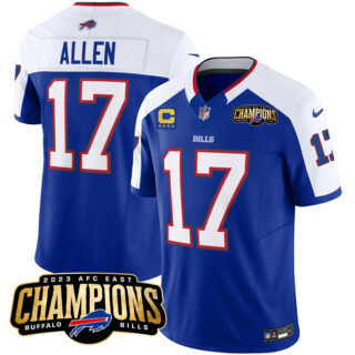 Men's Buffalo Bills #17 Josh Allen Blue White 2023 F.U.S.E. AFC East Champions With 4-Star C Ptach Stitched Football Jersey