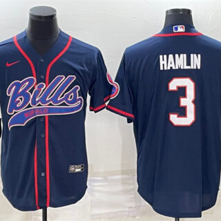 Men's Buffalo Bills #3 Damar Hamlin Navy With Patch Cool Base Stitched Baseball Jersey