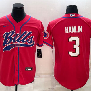 Men's Buffalo Bills #3 Damar Hamlin Red With Patch Cool Base Stitched Baseball Jersey