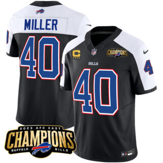 Men's Buffalo Bills #40 Von Miller Black White 2023 F.U.S.E. AFC East Champions With 4-Star C Ptach Stitched Football Jersey