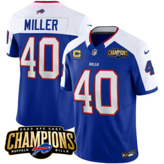 Men's Buffalo Bills #40 Von Miller Blue White 2023 F.U.S.E. AFC East Champions With 4-Star C Ptach Stitched Football Jersey