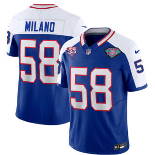 Men's Buffalo Bills #58 Matt Milano Blue White 35th And 75th Patch 2023 F.U.S.E. Throwback Vapor Untouchable Limited Stitched Jersey