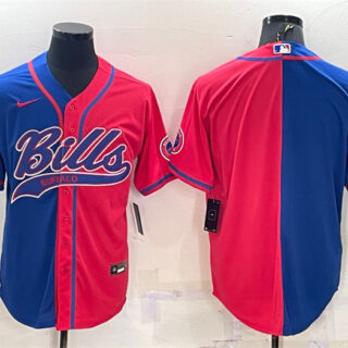 Men's Buffalo Bills Blank Royal Red Split With Patch Cool Base Stitched Baseball Jersey