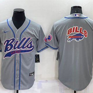 Men's Buffalo Bills Grey Team Big Logo With Patch Cool Base Stitched Baseball Jersey