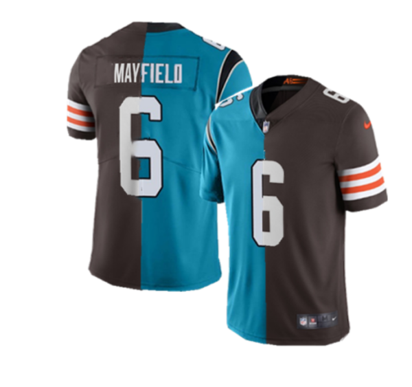 Men's Carolina Panthers & Cleveland Browns #6 Baker Mayfield Splite Blue&Brown Vapor Untouchable Limited Jersey