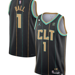 Men's Charlotte Hornets #1 LaMelo Ball Black 2022 23 City Edition No.6 Patch Stitched Basketball Jersey