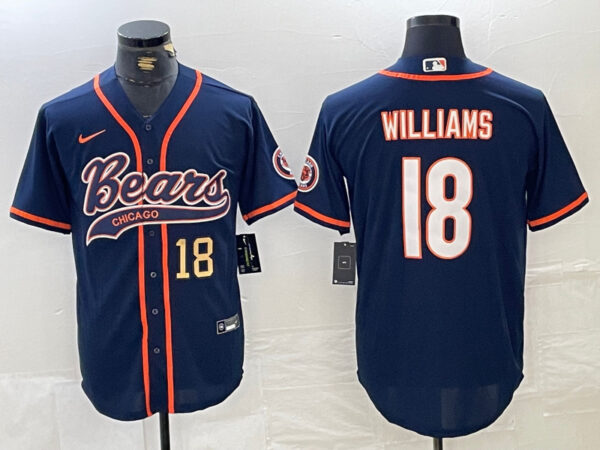 Men's Chicago Bears #18 Caleb Williams Navy With Patch Cool Base Stitched Baseball Jersey