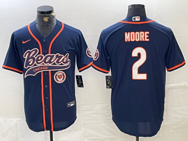 Men's Chicago Bears #2 DJ Moore Navy With Patch Cool Base Stitched Baseball Jersey