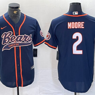 Men's Chicago Bears #2 DJ Moore Navy With Patch Cool Base Stitched Baseball Jersey