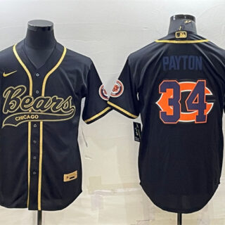 Men's Chicago Bears #34 Walter Payton Black Gold Team Big Logo With Patch Cool Base Stitched Baseball Jersey