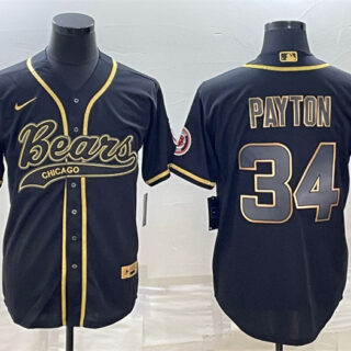 Men's Chicago Bears #34 Walter Payton Black Gold With Patch Cool Base Stitched Baseball Jersey