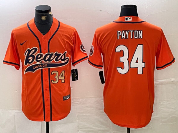 Men's Chicago Bears #34 Walter Payton Orange With Patch Cool Base Stitched Baseball Jersey
